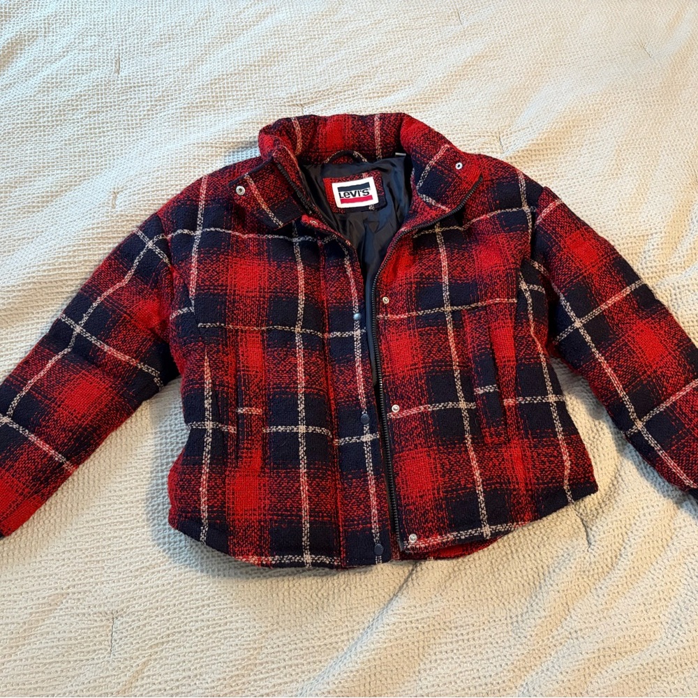 Levi's Kids Red and Black Plaid Puffer Jacket